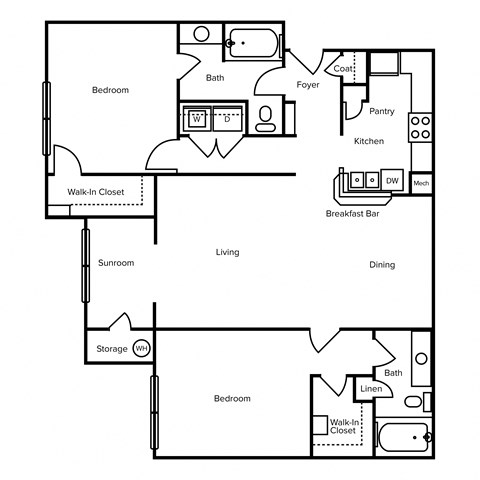 Floor plan for 2 beds, 2 baths, 1280 sqft